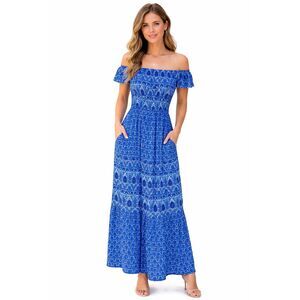 Casa Cabana Maxi Blue & White Geometic Pattern Dress Pockets Small #779